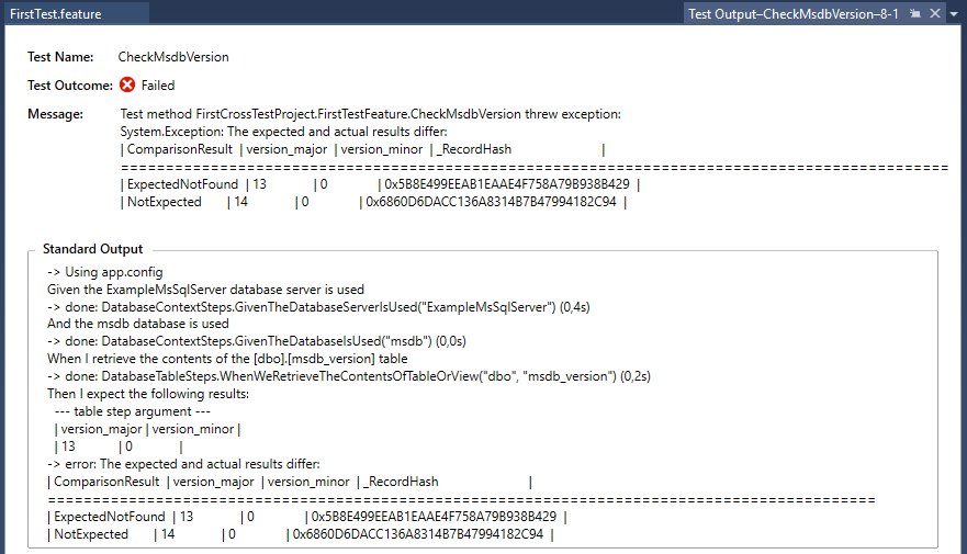 Visual Studio Test Output - CheckMsdbVersion Failure
